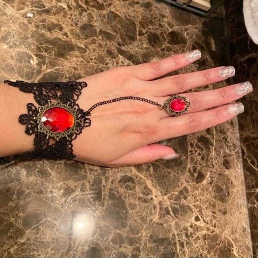 Blood Red Stone Lace Mittens  Bracelet With Ring Link Goth Core Grunge Core